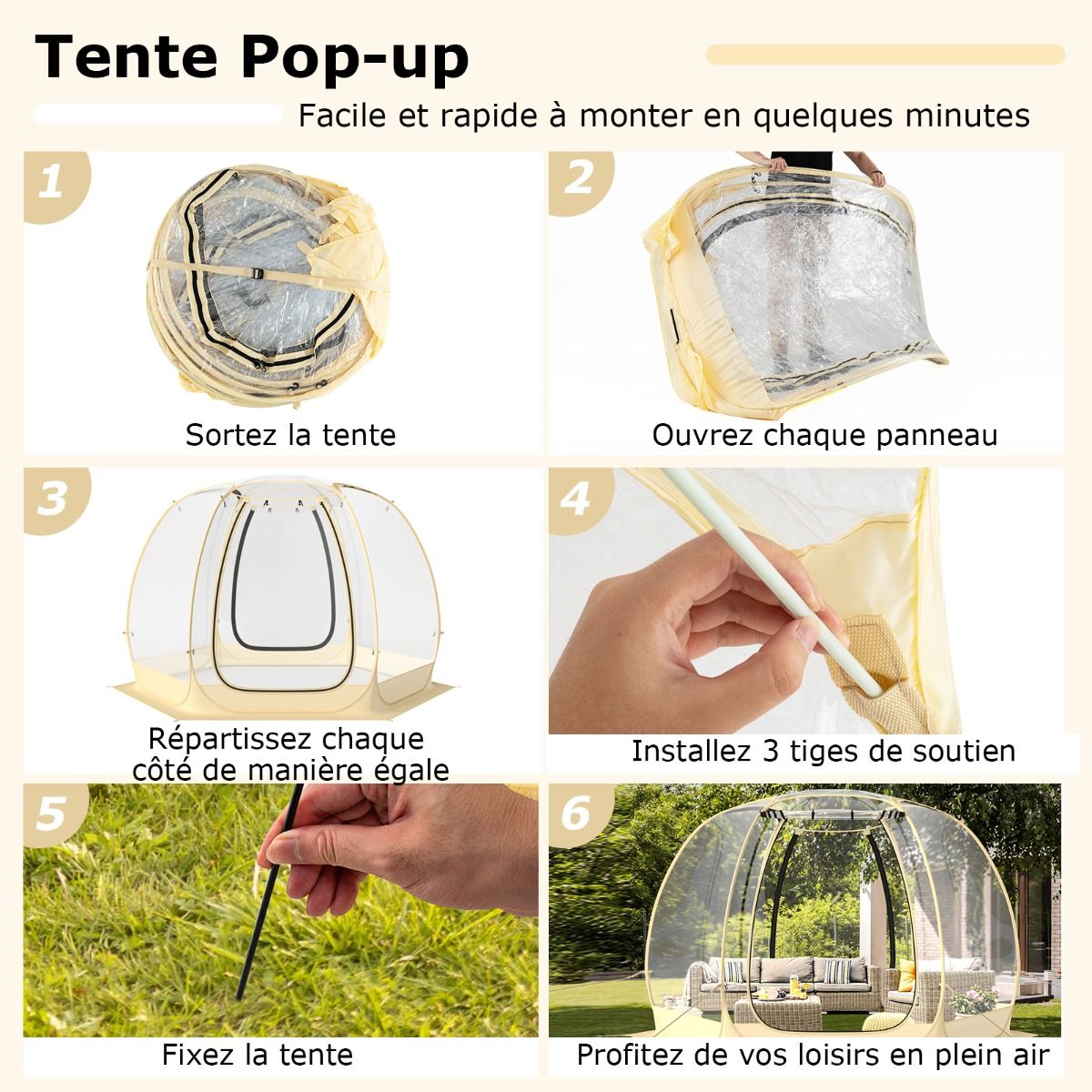 Tente Bulle  Ouverture Instantane pour 6  10 Personnes Tente D么me d'Extrieur 328 x 328 cm Rsistante Aux Intempries Transparent -