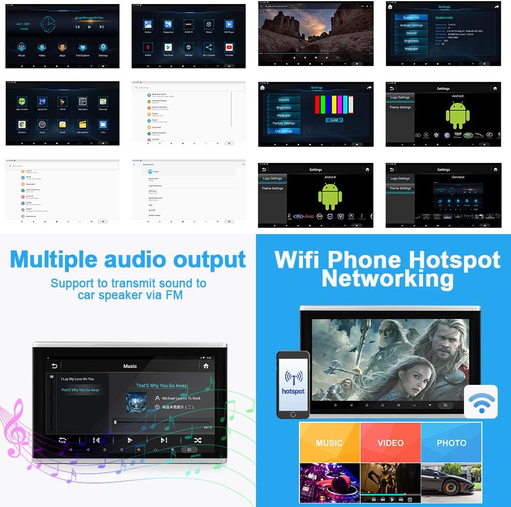 Lecteur vidéo HD 13,3 pouces (1080p) pour appuie-tête de voiture,Android 9.0,avec support de montage,écran tactile IPS 2 Go + 32 Go