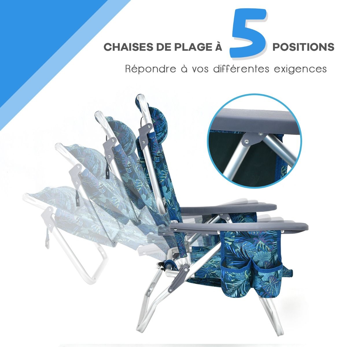 Lot de 2 Chaises de Camping Plage Pliante Table Enroulable en Aluminium Appui-tête Dossier Réglable à 5 Positions 6 Couleurs au Choix -