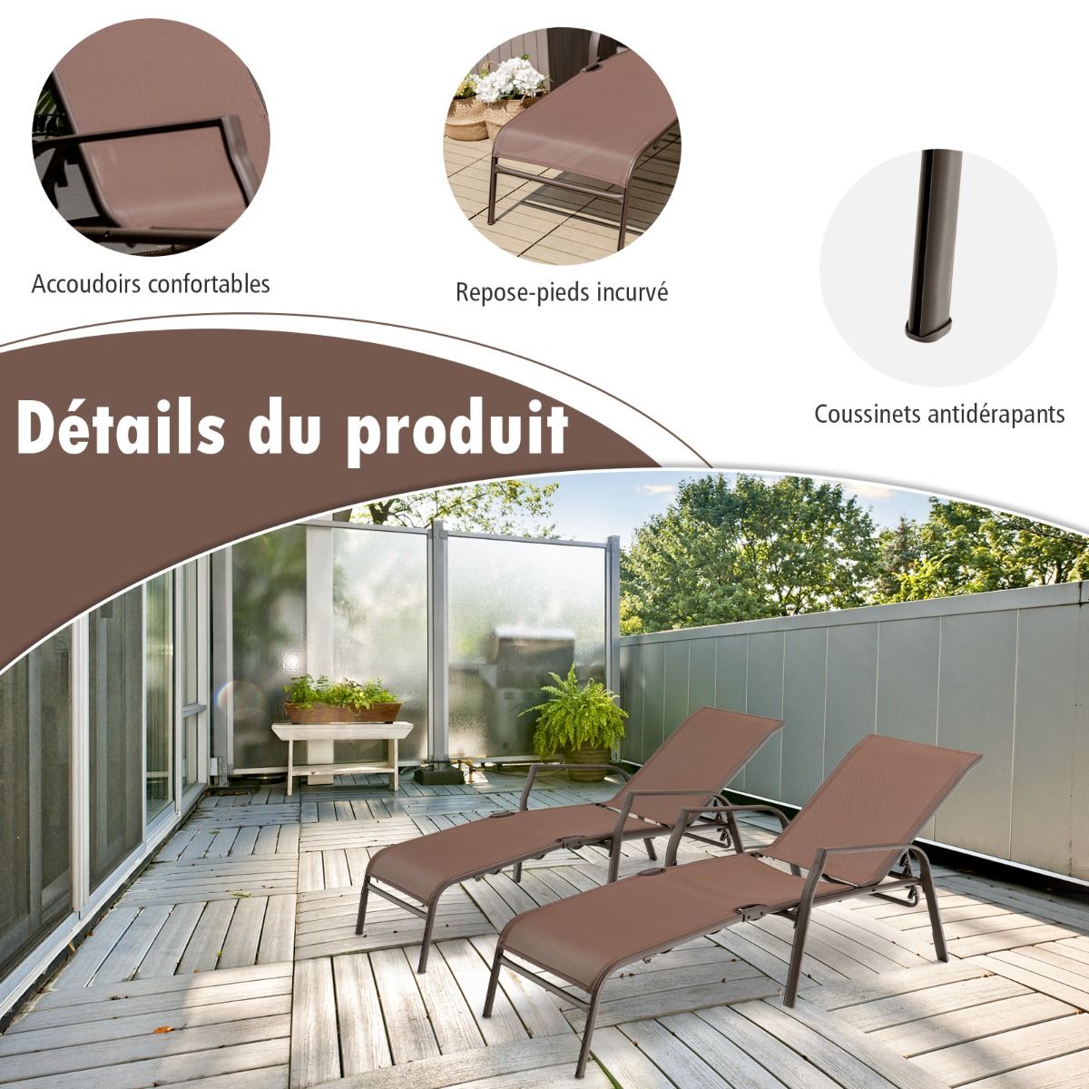 Lot de 2 Chaises longues avec Dossier Rglable Tissu Respirant Structure Robuste en Acier Charge Max 150KG -