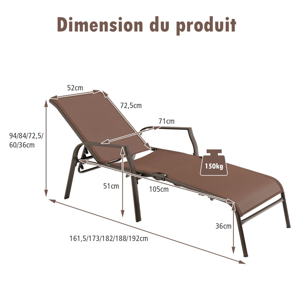 Lot de 2 Chaises longues avec Dossier Réglable Tissu Respirant Structure Robuste en Acier Charge Max 150KG -