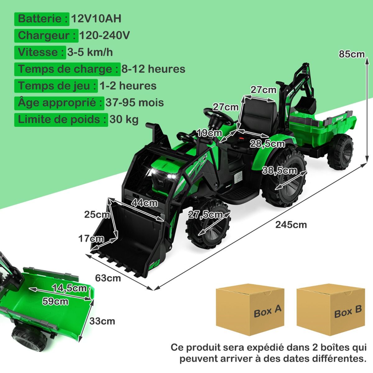 Tracteur Electrique 12 V pour Enfants 3-5 km/h Télécommande MP3 USB Vert/Jaune -