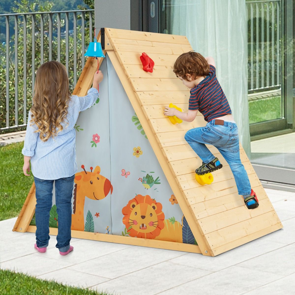 Maison de Jardin Enfants 2 en 1 avec Escalade Cloche Impermable Cabane en Bois de Sapin Exterieur et Intrieur 3-8 Ans -