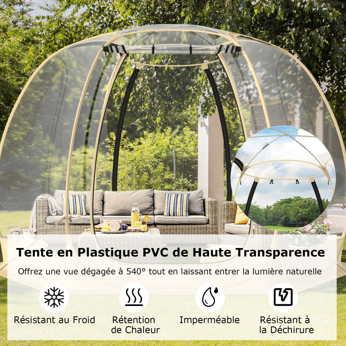 Tente Bulle  Ouverture Instantane pour 6  10 Personnes Tente D么me d'Extrieur 328 x 328 cm Rsistante Aux Intempries Transparent -
