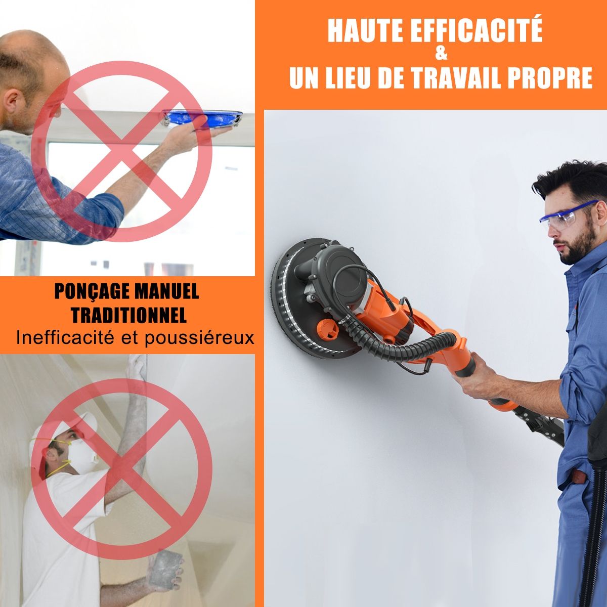 Ponceuse  Pl芒tre Murale 750W 脴 225mm Aluminium 6 Vitesses Variables Lumires LED Manche Tlescopique 12 Disques Abrasifs -