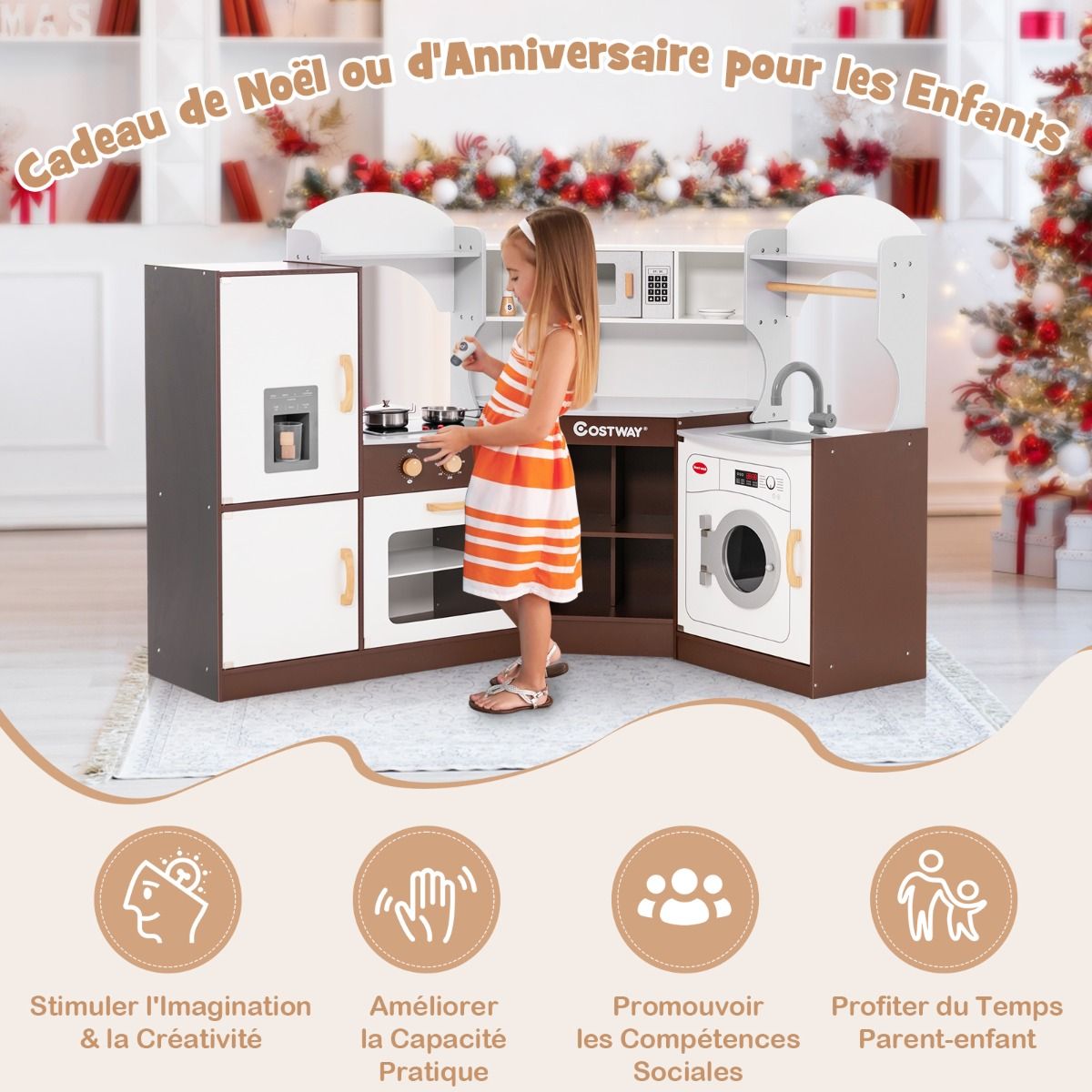 Jeu de Cuisine d'Angle pour Enfants de 3 Ans et Plus en Bois Machine  Glaons Porte-serviettes Accessoires Effets Sonores et Lumineux -