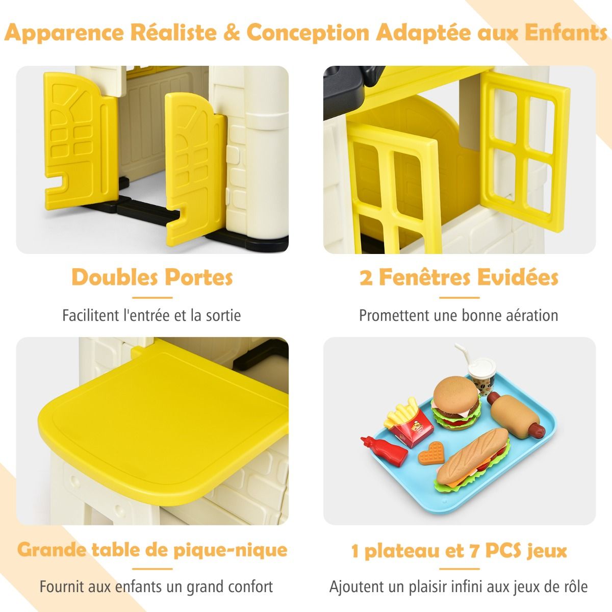 Maison Chef House -Thme Burger Bar - Table de Pique Nique Cabane de Jardin Anti-UV en Plastique 164x124x132 cm Bleu/Rose/Jaune -