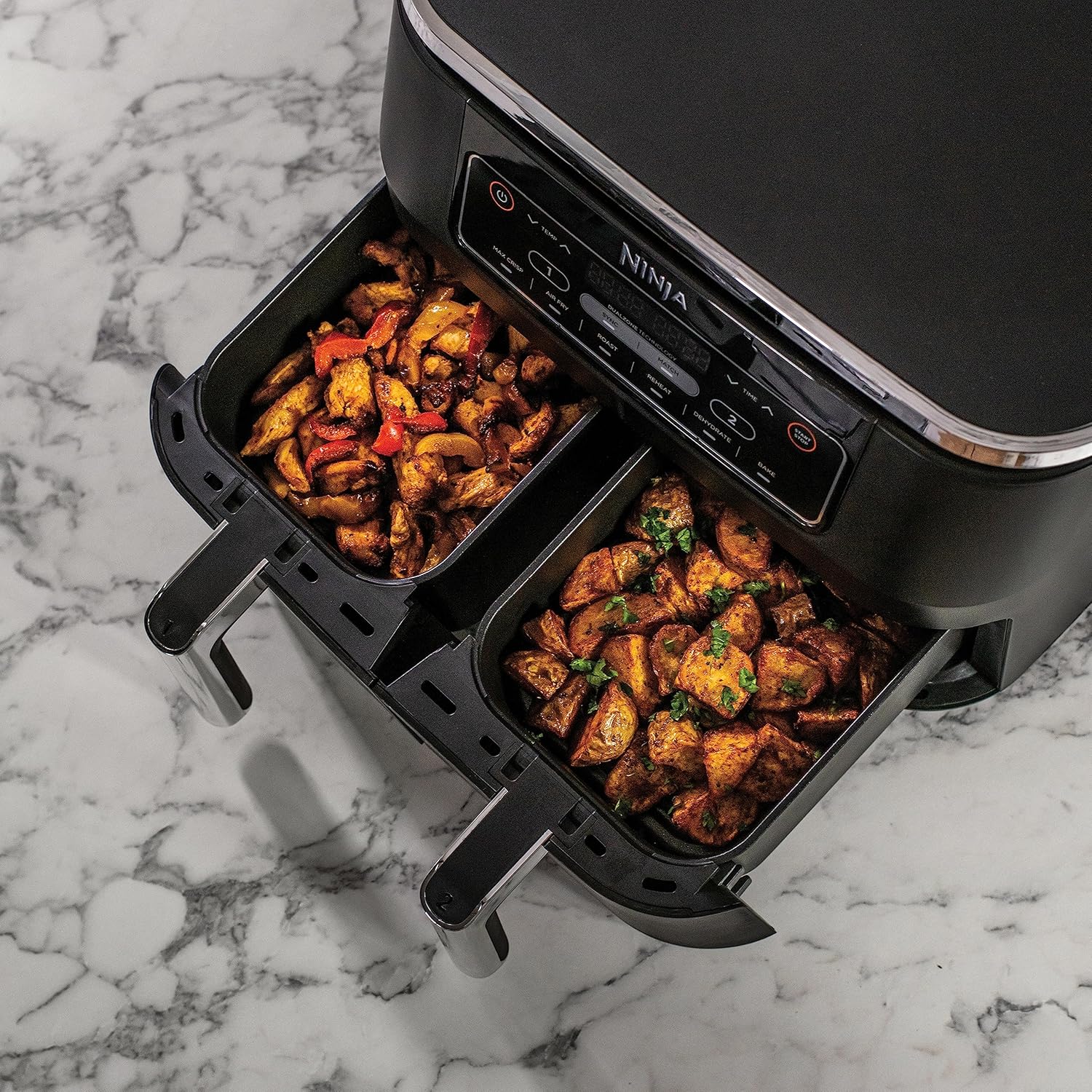 Foodi FlexDrawer Air Fryer,Dual Zone Avec Sparateur Amovible,Grand Tiroir de 10,4 L,7-en-1,Double Zone,Sans Huile,Pices Antiadhsives Compatibles Au Lave-Vaisselle,Noir AF500EU