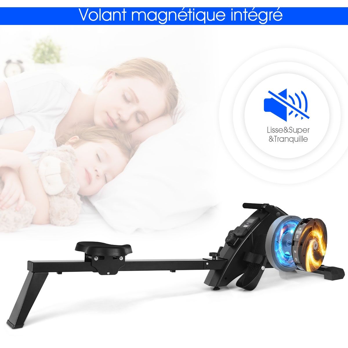 Rameur d'Appartement Pliable à Résistance 10 Niveaux Ecran Lcd Capacité 120kg Musculation Des Bras Cardio-Training Noir -