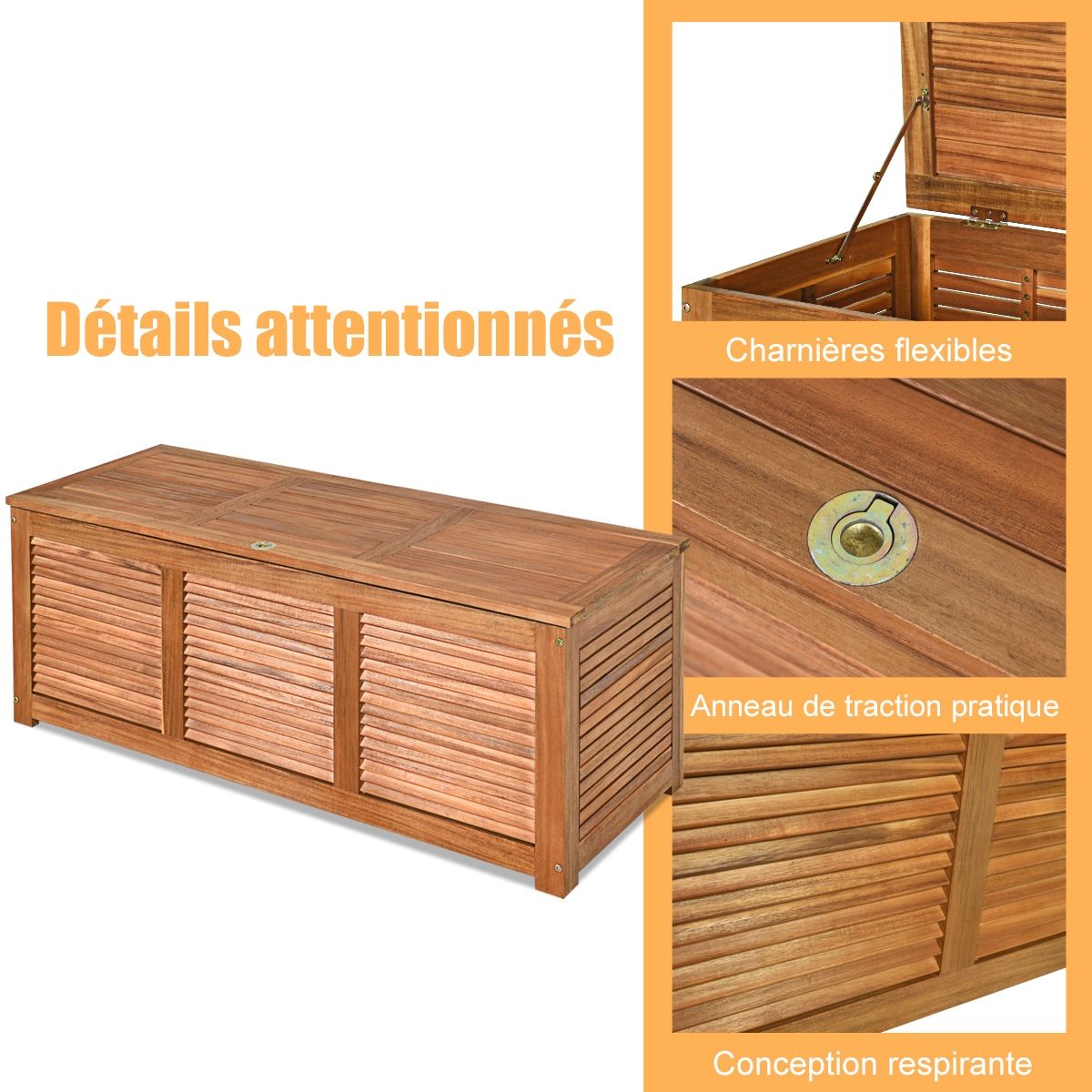 Malle en Bois d’Acacia Coffre Boîte de Rangement 120 x 45 x 45 cm Charge Max 150KG pour Terrasse Jardin ou Cour Nature -