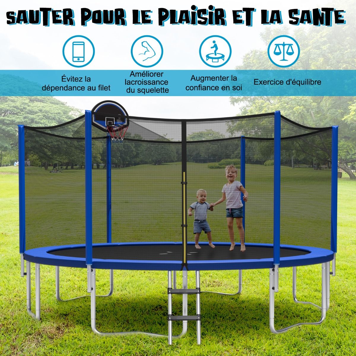 Trampoline d'Extrieur 脴366 cm Trampoline avec Panier de Basket Filet de Protection Trampoline pour Enfants et Adultes -