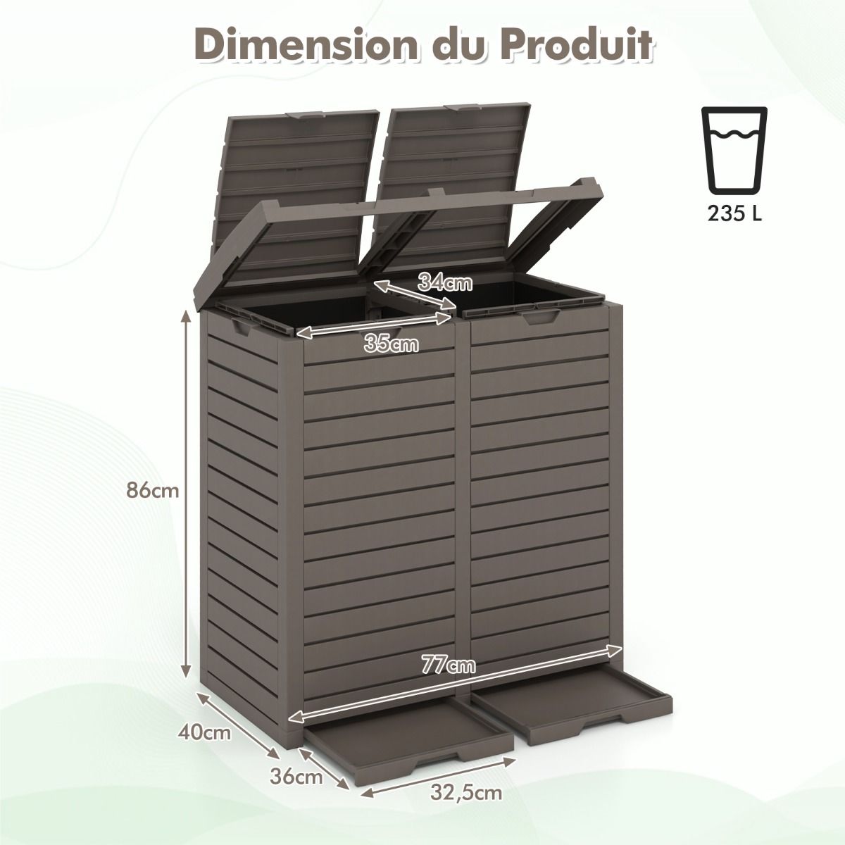 Poubelle d'Extérieur 135 L Poubelle Etanche à Double Seau Couvercle à Plusieurs Niveaux Bac d'Egouttage Poignée Découpée Poubelle Marron -