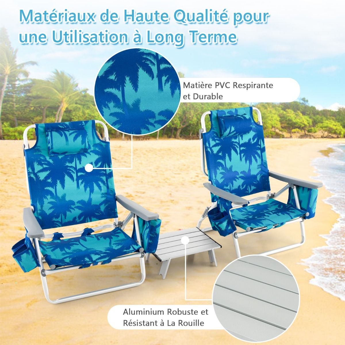 Lot de 2 Chaises de Camping Plage Pliante Table Enroulable en Aluminium Appui-tête Dossier Réglable à 5 Positions 6 Couleurs au Choix -