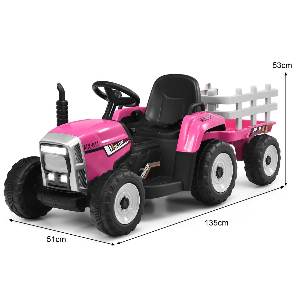 Tracteur Electrique avec Remorque pour Enfants 3 Vitesses Lumires LED Fonctions o USB et Bluetooth Jaune/Rose/Rouge/Vert/Vert Fonc/Noir -
