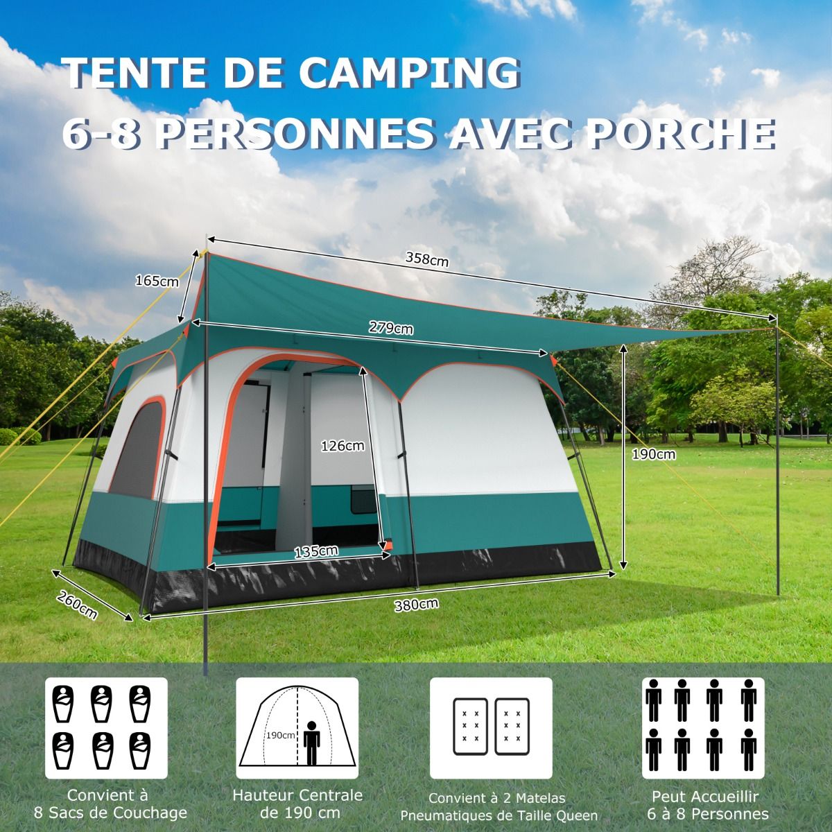 Tente de Camping pour 6/8/10 Personnes avec Auvent Grande Tente Familiale avec 2 Chambres 2 Portes 2 Fenêtres en Maille Vert -