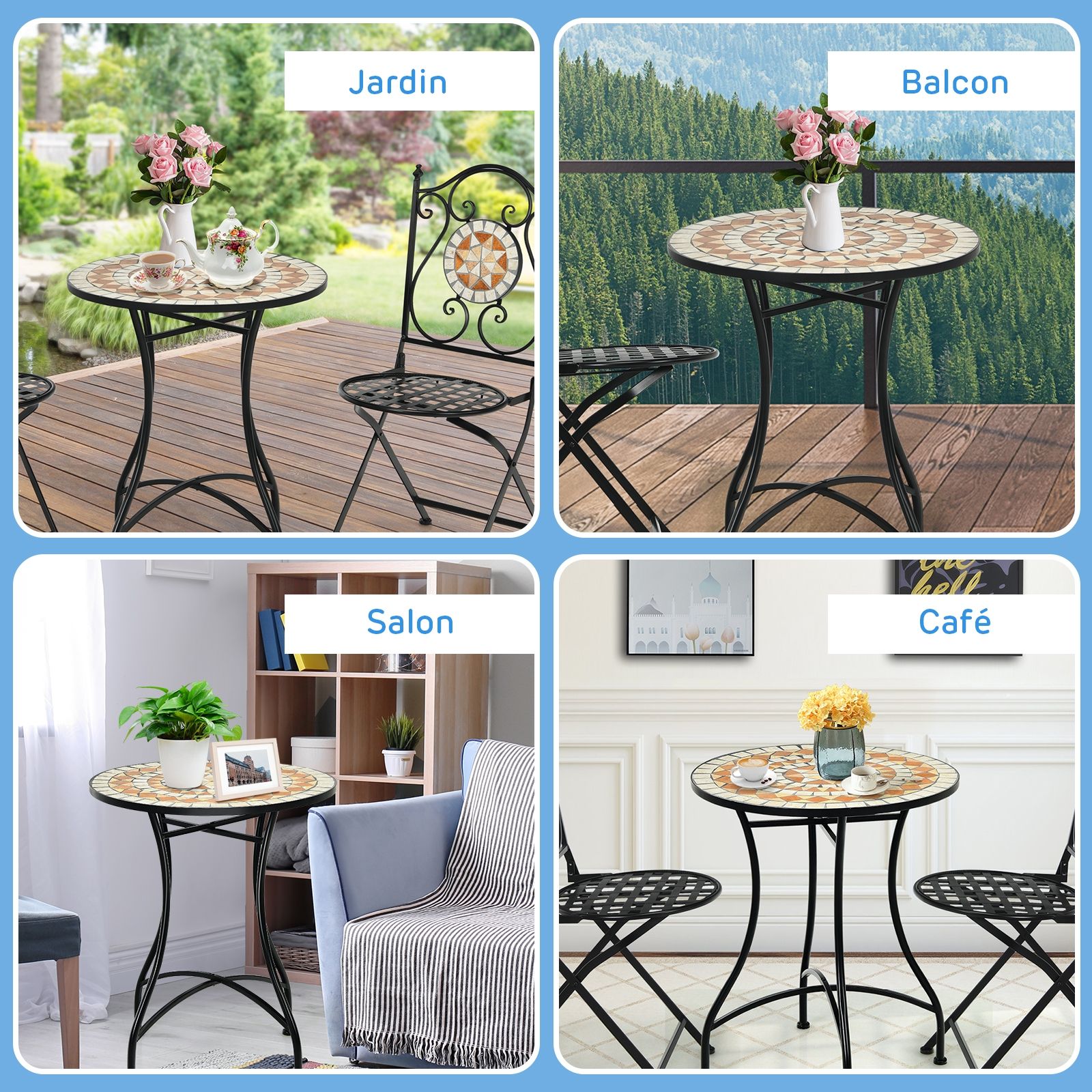 Table de Jardin Style Mosa茂que Cadre en Fer et Rev锚tement Antirouille pour 60 x 60 x 72 CM -