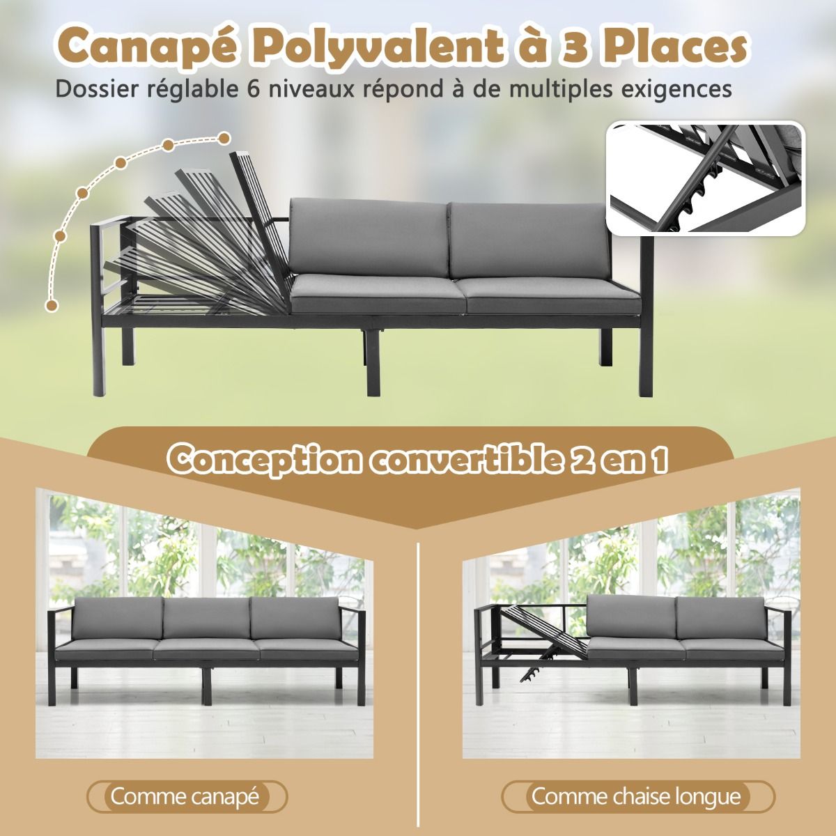 Salon de Jardin Extérieur avec Table Basse en Verre Trempé Canapéavec Dossier Inclinable à 6 Niveaux Coussins Inclus Gris -