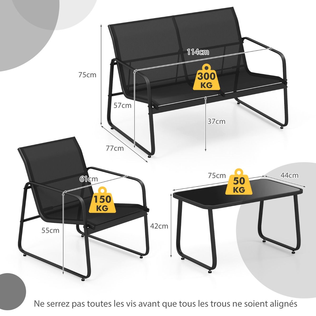 Salon de Jardin 4 Pices avec 2 Chaises Table en Verre Tremp et Causeuse Meuble Extrieur en Tissu Respirant Cadre Mtallique Noir -