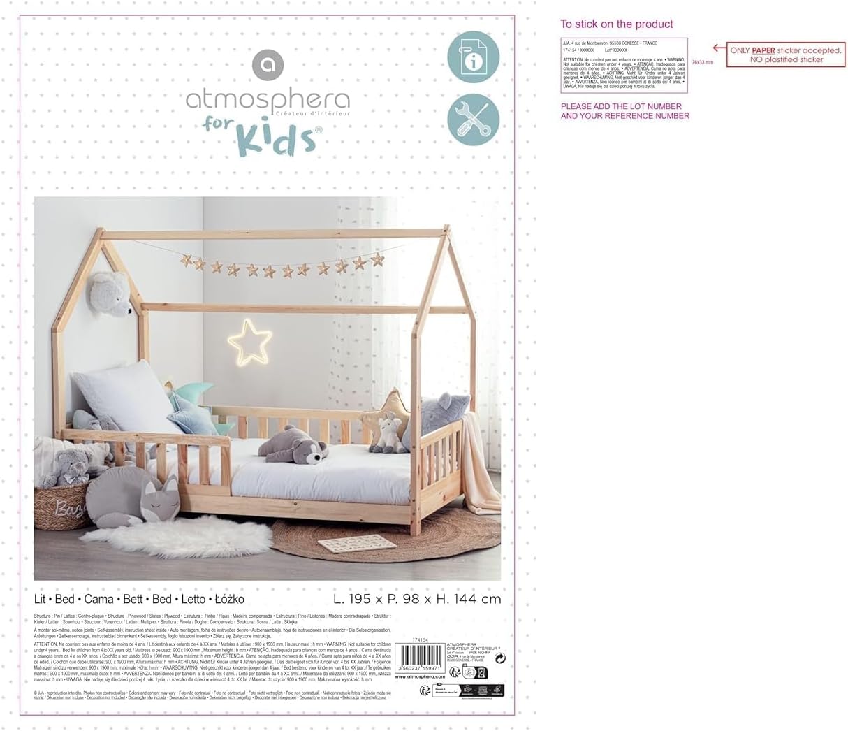 Lit cabane enfant Atmosphera Bosco 90 x 190 cm + matelas 90 x 190 cm Blanc