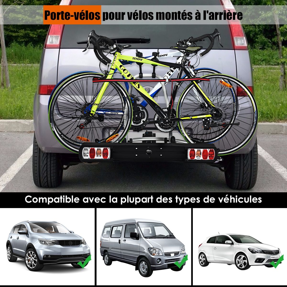 Porte-vélos pour Attelage sur SUV Berline Fourgon pour 2 Vélos Conception Intelligente de Basculement 113x72x63cm -