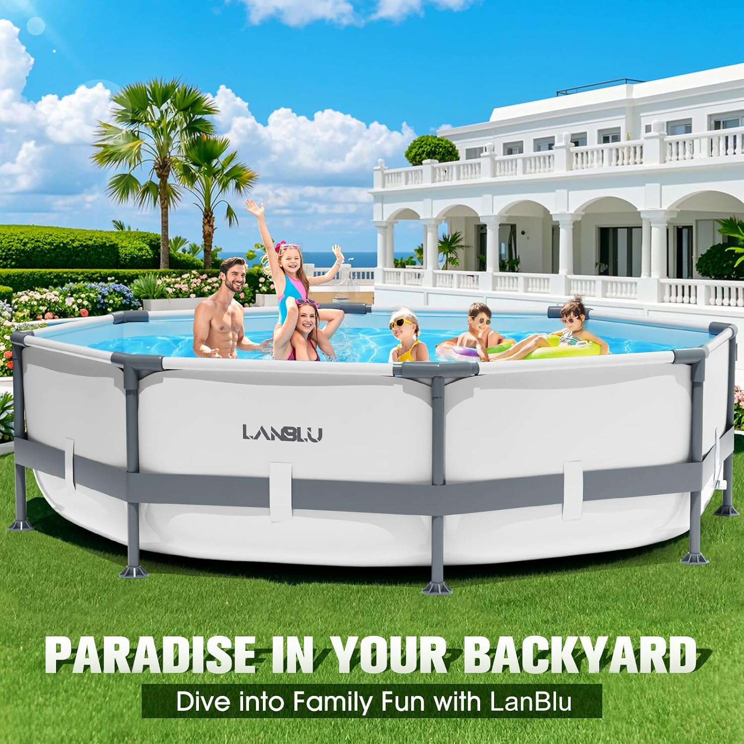 Piscine Tubulaire Ronde 300 x 300 x 76cm,Piscine Hors Sol Ronde avec Matériau Anti-Crevaison,Grande Piscines Steel Frame Adulte Vidange Rapide,Piscines Tubulaire Jardin pour Toute la Famille