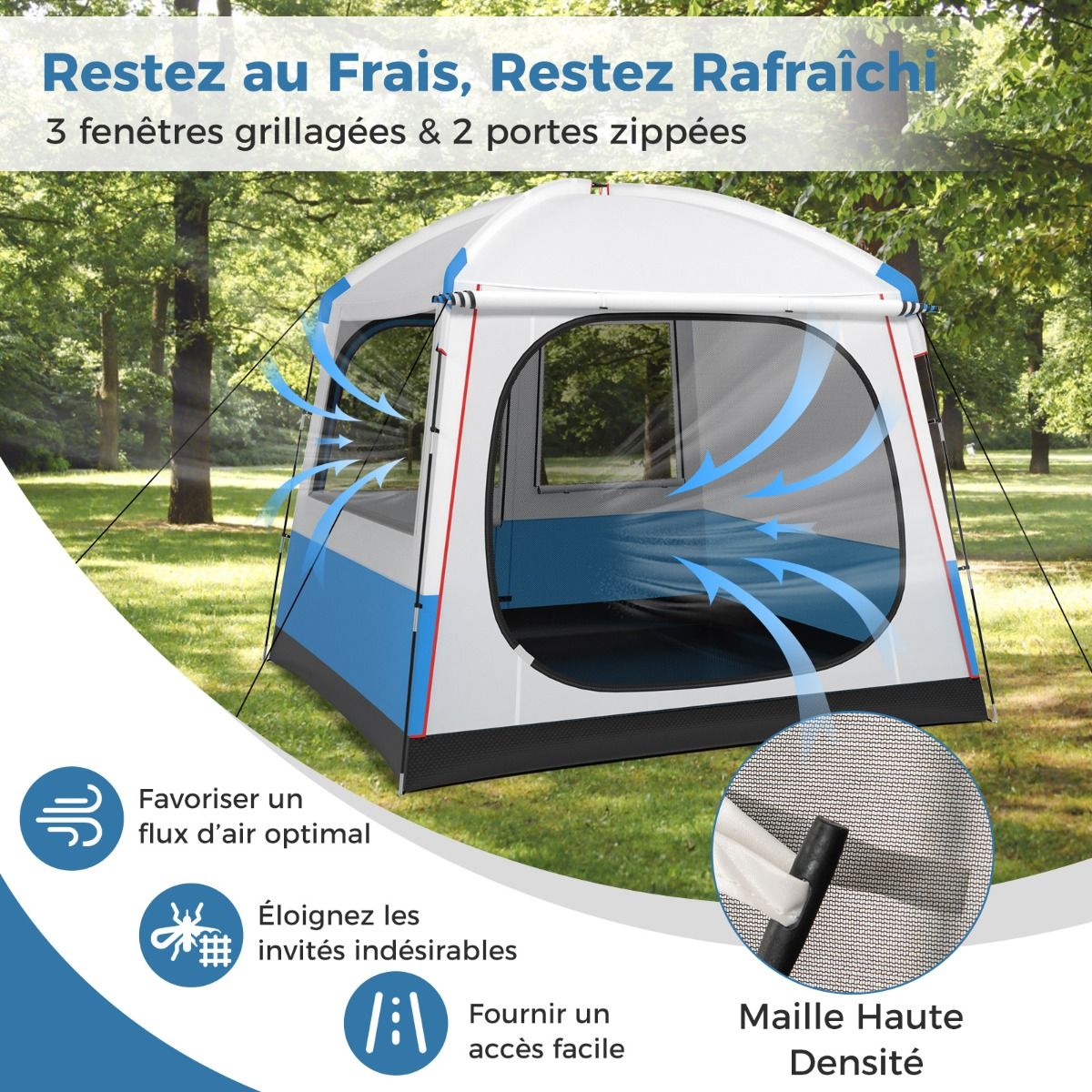 Tente de Camping pour 5 Personnes Tente Dôme Étanche avec Porte et Fenêtres en Maille Sac de Transport 248x248x230cm Bleu + Blanc -