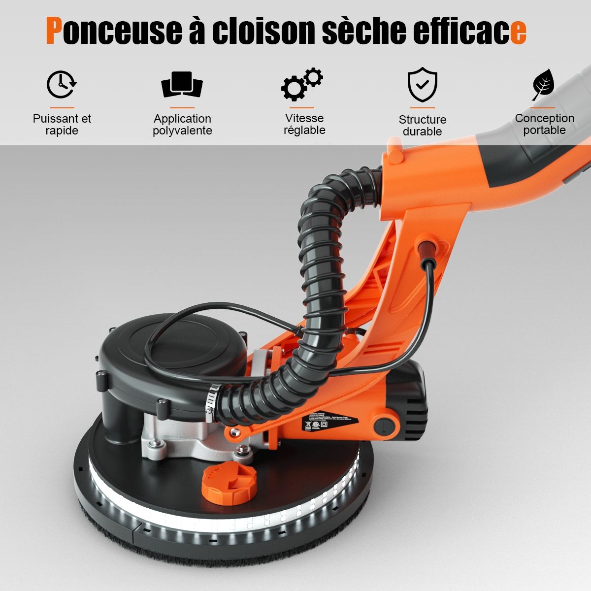 Ponceuse de Plaque de Plâtre 750W avec Lumière LED 6 Vitesses Variables 800-1750 tr/min -