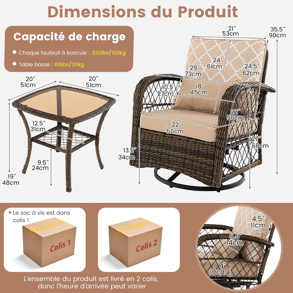 Salon de Jardin Extrieur 3PCS - 2 en Fauteuils  Bascule Pivotant  360掳Rotin PE Cadre Mtal our Terrasse Balcon -