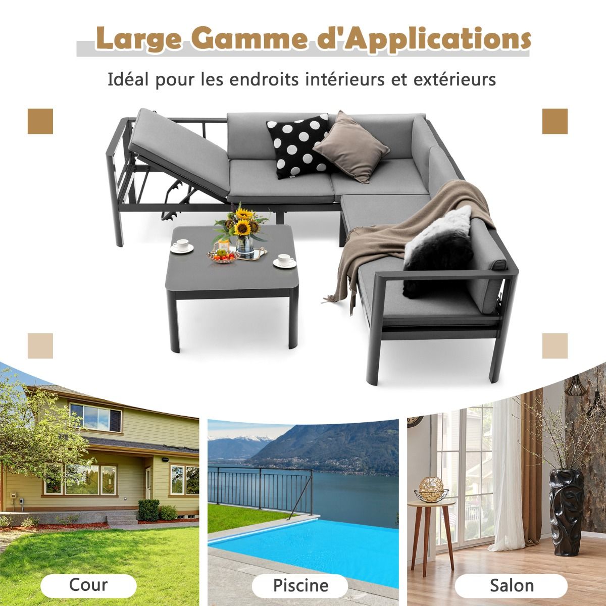 Salon de Jardin Extrieur avec Table Basse en Verre Tremp Canapavec Dossier Inclinable  6 Niveaux Coussins Inclus Gris -