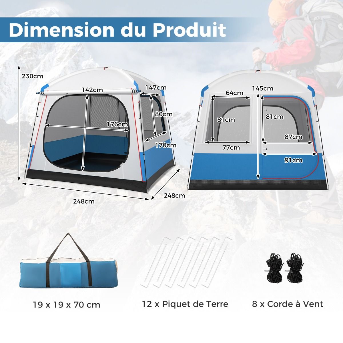 Tente de Camping pour 5 Personnes Tente Dôme Étanche avec Porte et Fenêtres en Maille Sac de Transport 248x248x230cm Bleu + Blanc -