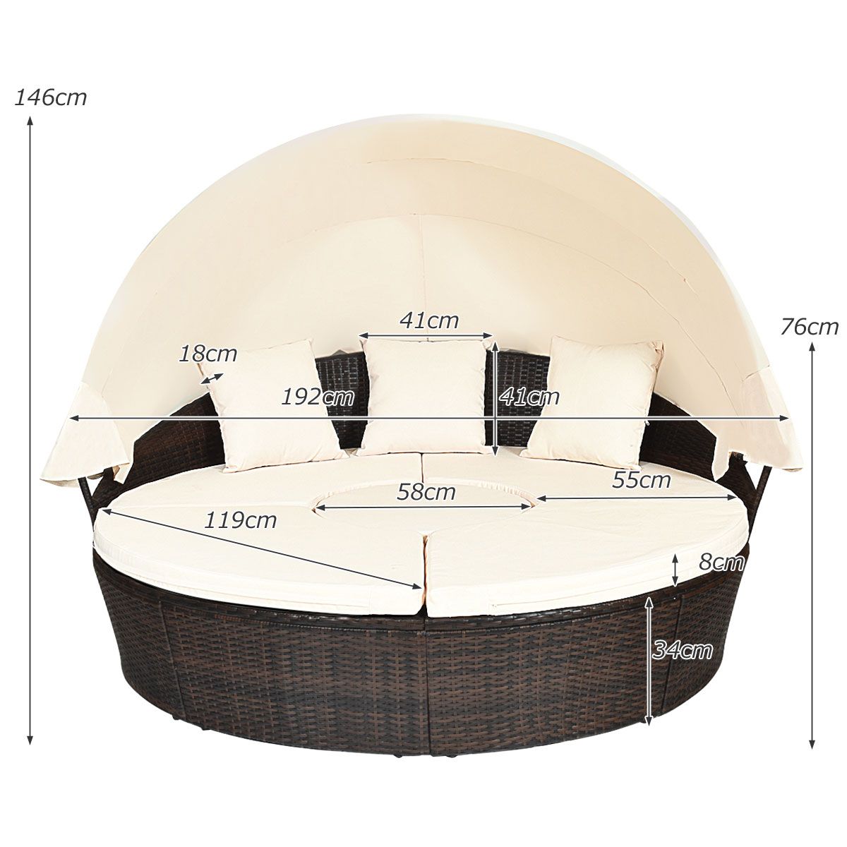 Lit de Jardin Rond d'Exterieur Table Relevable Modulable & Convertible - Pare Soleil Réglable rotin PE Coussins Inclus Beige -