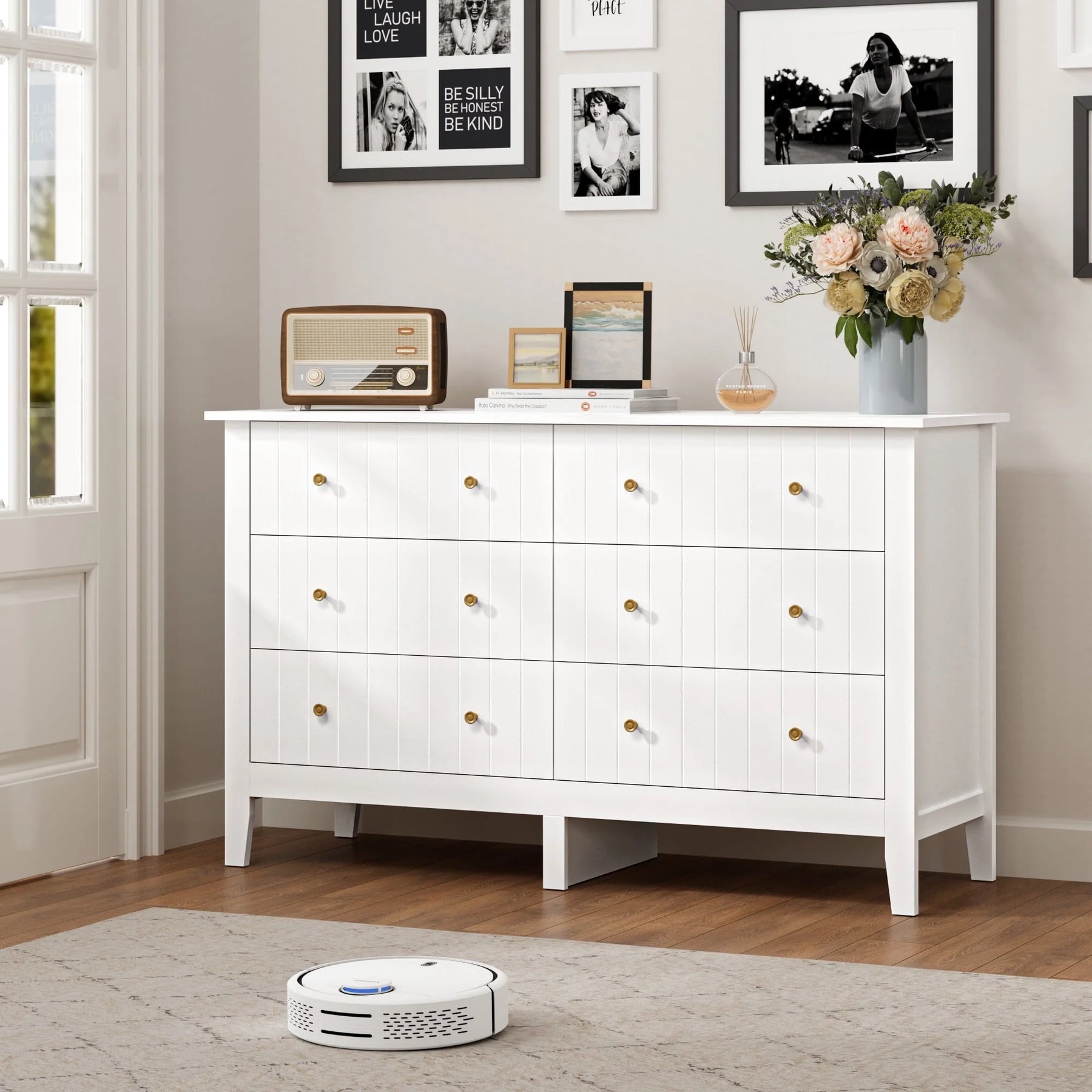 Homfa 6 Drawer Double White Dresser for Bedroom, Modern Wood Dresser Storage Cabinet for Living Room